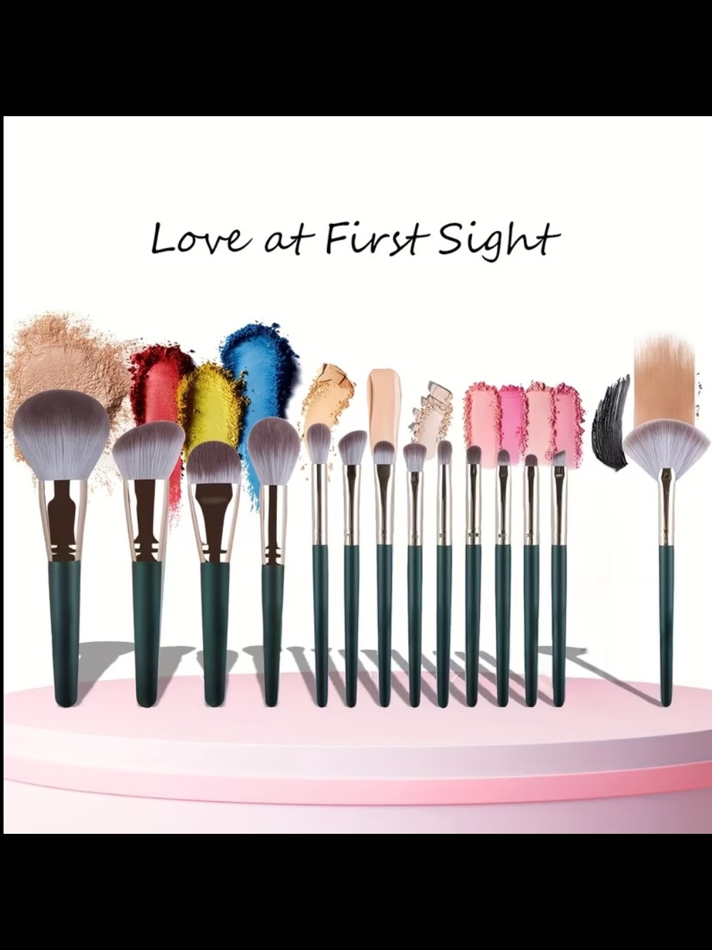 14 Piece NIP Green Makeup Brush Set with Powder Applicators - Picture 6 of 7